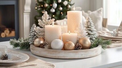 A festive holiday table centerpiece featuring candles and ornaments, elegantly arranged on a white surface.