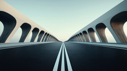 Futuristic empty highway bridge with unique curved structure and symmetrical design under a clear sky, showcasing modern architecture and engineering.