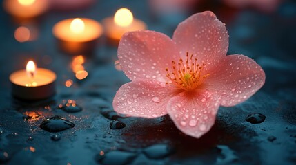 Pink flower with water droplets, illuminated by candles on dark background.