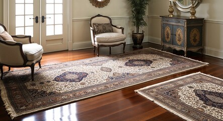 Plush rugs layered over polished hardwood with antique inspired furniture