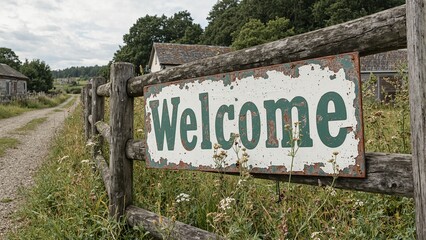 Vintage Welcome sign on rustic wooden fence with wildflowers evoking nostalgia and rural charm
