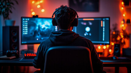 Fototapeta premium A person engages in gaming at night, surrounded by dual monitors, ambient lights, and a relaxed atmosphere in a home setting