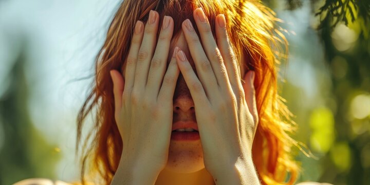 A woman covers her face with her hands, showing distress or embarrassment