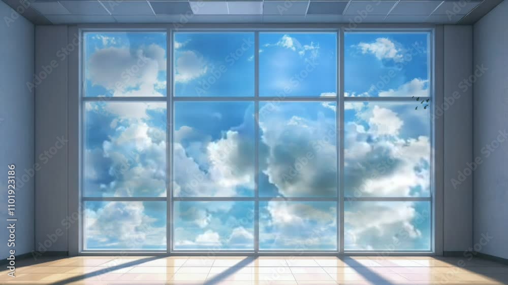 Poster a spacious room with large windows showcasing a bright sky filled with fluffy clouds, creating an ai