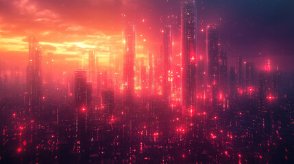 Fototapeta premium Vibrant sunset lighting up futuristic cityscape with towering skyscrapers and glowing lights. Generative AI
