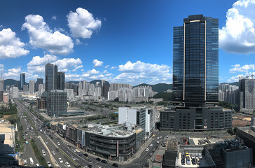 A panoramic view of Seoul's skyscrapers, showcasing the bustling cityscape with modern architecture and the flow of traffic in motion. 