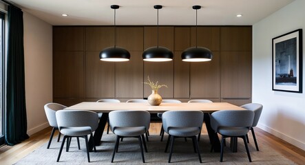 Fototapeta premium Simple pendant lighting hanging above modern dining tables