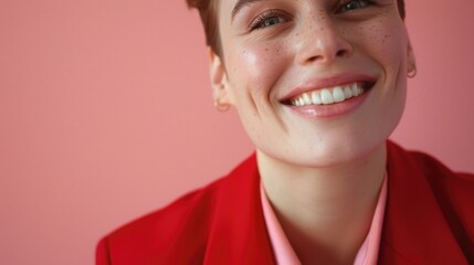 A happy woman wearing a bright red jacket smiles directly at the camera