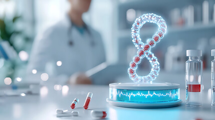 Innovative health technology medical lab holographic dna model futuristic environment scientific viewpoint patient engagement