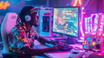 Software developer concentrating on code in neon lit room