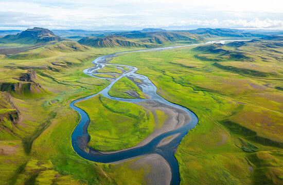 Aerial view of Iceland's glacial rivers and mountains, with intricate patterns of braided waterways - Powered by Adobe