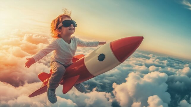 Happy child flying on a rocket through the clouds at sunset