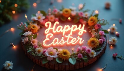 Happy Easter neon sign surrounded by flowers in a decorative wreath
