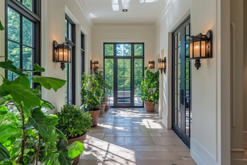 Fototapeta premium Hallway with large windows leading to the living room, potted plants, and stylish wall sconces.