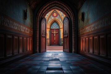 Obraz premium A doorway leading to a church with a beautiful stained glass window, ideal for use in religious or inspirational contexts