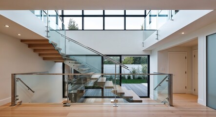 Staircases with glass balustrades and sleek metal railings for an open feel