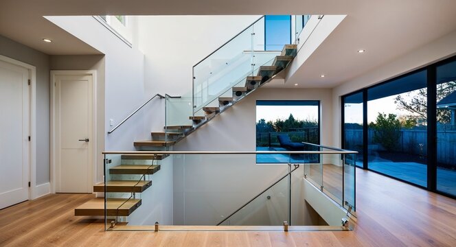 Staircases with glass balustrades and sleek metal railings for an open feel