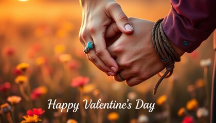 Valentine's Day Hands. A close-up of a couple holding hands in a field of flowers at sunset.