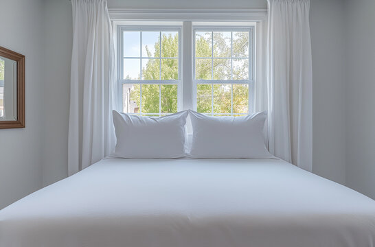 A simple yet elegant white bed with pristine sheets and pillows in front of large windows. The background is a soft-focus view of the outside world through sheer curtains