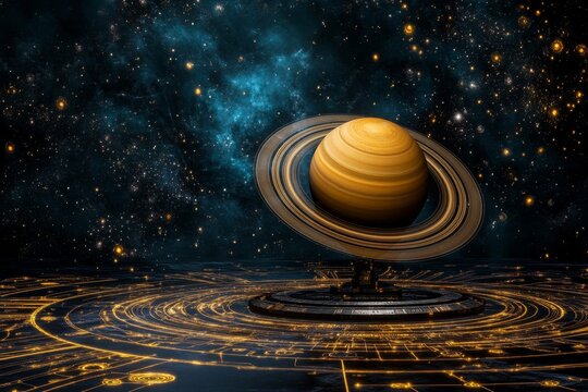 A Saturn return theme featuring the planet Saturn in stunning detail, surrounded by celestial patterns and astrological markings