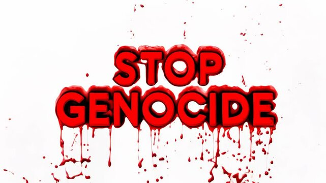 A red and white sign that says "Stop Genocide". The sign is covered in red paint. The sign is in the middle of a white background