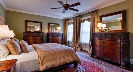 Traditional bedrooms with carved wooden dressers and plush bedding