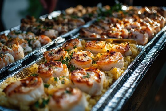 Trays of various foods and drinks arranged neatly on a table, ideal for events or displays