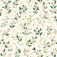 A green background features a multicolored floral pattern of seamless, stylized plants.