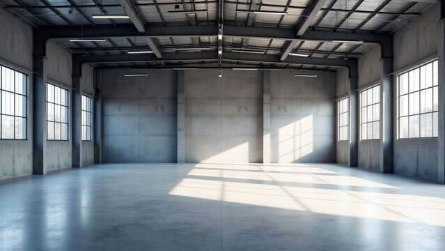 A realistic warehouse mockup with industrial lighting and concrete floors