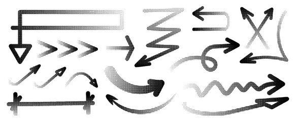 Set of different shapes of halftone effect arrows, drawn in black digital form for design in fun presentations and animated visuals with a tonal gradient effect. vector illustration