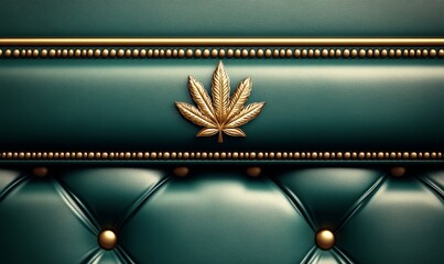 Green abstract upholstery background featuring a seamless pattern with golden marijuana leaves, incorporating a vintage sofa texture.