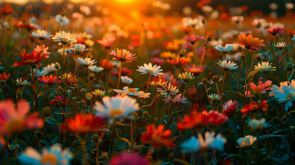 A beautiful blooming flower field in the spring season.