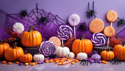 A colorful Halloween display features candy, pumpkins, and spider decorations against a vib_1(96)