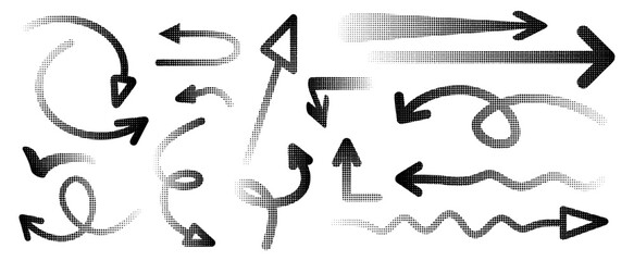 Set of different shapes of halftone effect arrows, drawn in black digital form for design in fun presentations and animated visuals with a tonal gradient effect. vector illustration