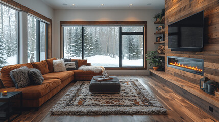 Cozy Cabin Living: A rustic living room with a fireplace, a comfortable couch, and a large window overlooking a snowy forest evokes a sense of warmth and tranquility. 