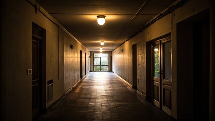 A single light source in a deserted hallway casts a warm and inviting glow despite the darkness outside, evening, warmth, solace, comfort
