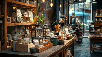 Naklejka premium Rustic shop interior with artisanal goods and warm lighting