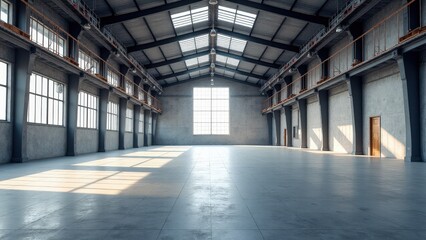 Modern warehouse with concrete floors and high ceilings for branding