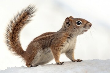 Fototapeta premium A single squirrel looks straight ahead, leafy branches, looking forward, forest creature, forest scenery, woodland