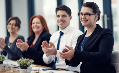Business people, applause and celebration at meeting in boardroom for goals, happy and profit at agency. Woman, group and excited with cheers, success or achievement in office at insurance company