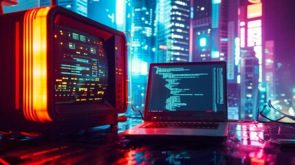 Obraz premium A vibrant, futuristic image featuring a retro computer and modern laptop displaying code, bathed in neon light. The glowing city background emphasizes the merging of past and present tech, perfect for