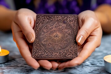 A close-up of a person holding tarot cards with astrological symbols, with a candle-lit ambiance and mystical decor