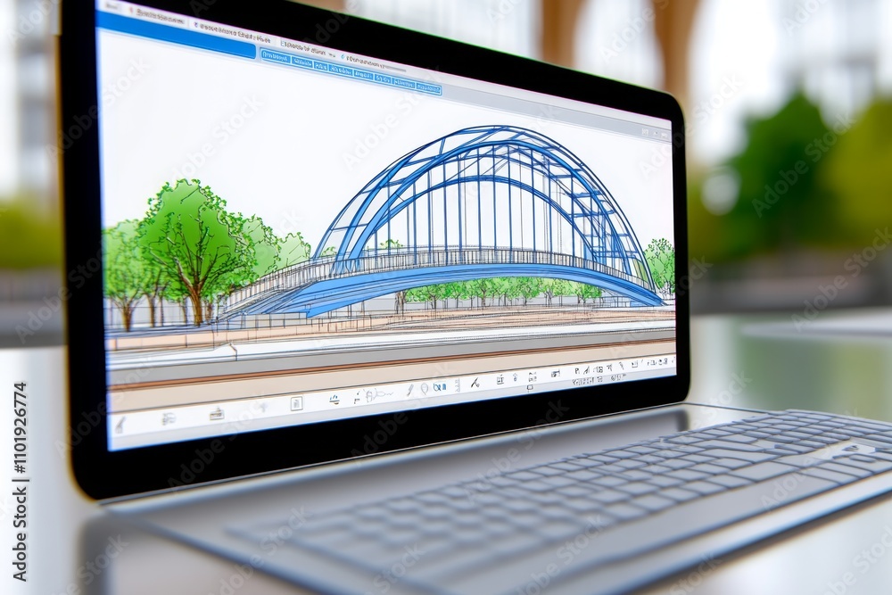 Aufkleber A close-up of architectural software on a computer screen, showing a detailed 3D rendering of a bridge