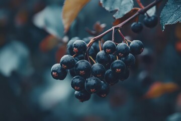 Fruitful Aronia Berry Branch. Ripe Antioxidant Fruit Bunch on Tree Branch