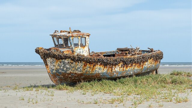 Abandoned rusty boat on sandy beach covered in barnacles and peeling paint