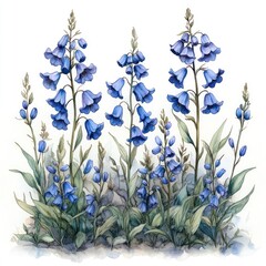 A watercolor illustration of blue flowers with green leaves, showcasing natural beauty.