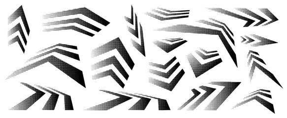 set of arrows in perspectives with texture, variation of models in halftone style. Vector arrow illustrations