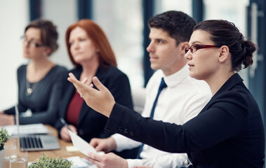 Presentation, questions and panel of business people in office listen to pitch, report and meeting....