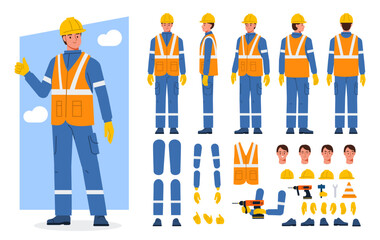 Construction worker, builder in helmet, vest, uniform. Character constructor for animation. Front, side and back view set. Body parts, postures, poses collection. Vector illustration.