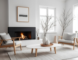 scandinavian style home interior design of modern living room with minimalist room and white furniture, fireplace, wooden accents and decorative branches in ceramic vase